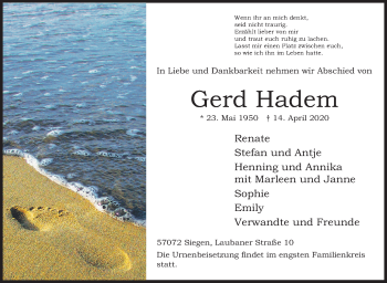 Traueranzeige von Gerd Hadem von Siegener Zeitung
