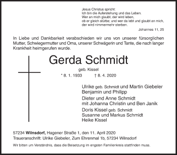 Traueranzeige von Gerda Schmidt von Siegener Zeitung