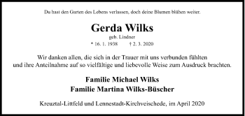 Traueranzeige von Gerda Wilks von Siegener Zeitung
