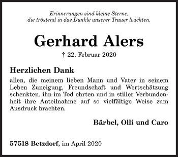 Traueranzeige von Gerhard Alers von Siegener Zeitung