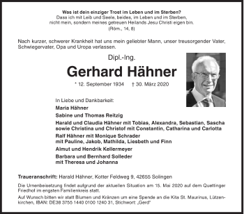 Traueranzeige von Gerhard Hähner von Siegener Zeitung