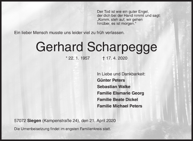  Traueranzeige für Gerhard Scharpegge vom 21.04.2020 aus Siegener Zeitung
