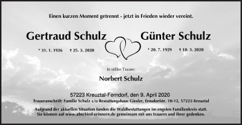 Traueranzeige von Gertraud Schulz von Siegener Zeitung