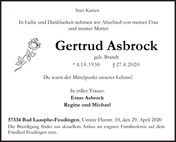 Traueranzeige von Gertrud Asbrock von Siegener Zeitung