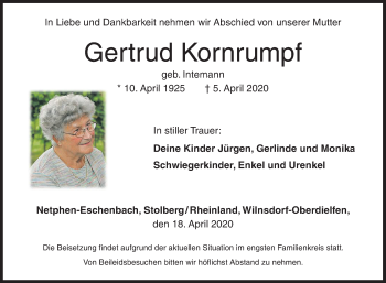 Traueranzeige von Gertrud Kornrumpf von Siegener Zeitung