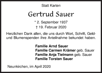 Traueranzeige von Gertrud Sauer von Siegener Zeitung