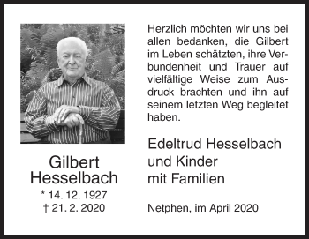Traueranzeige von Gilbert Hesselbach von Siegener Zeitung