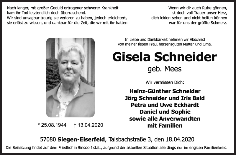  Traueranzeige für Gisela Schneider vom 18.04.2020 aus Siegener Zeitung