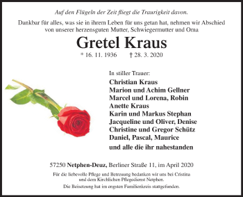 Traueranzeige von Gretel Kraus von Siegener Zeitung