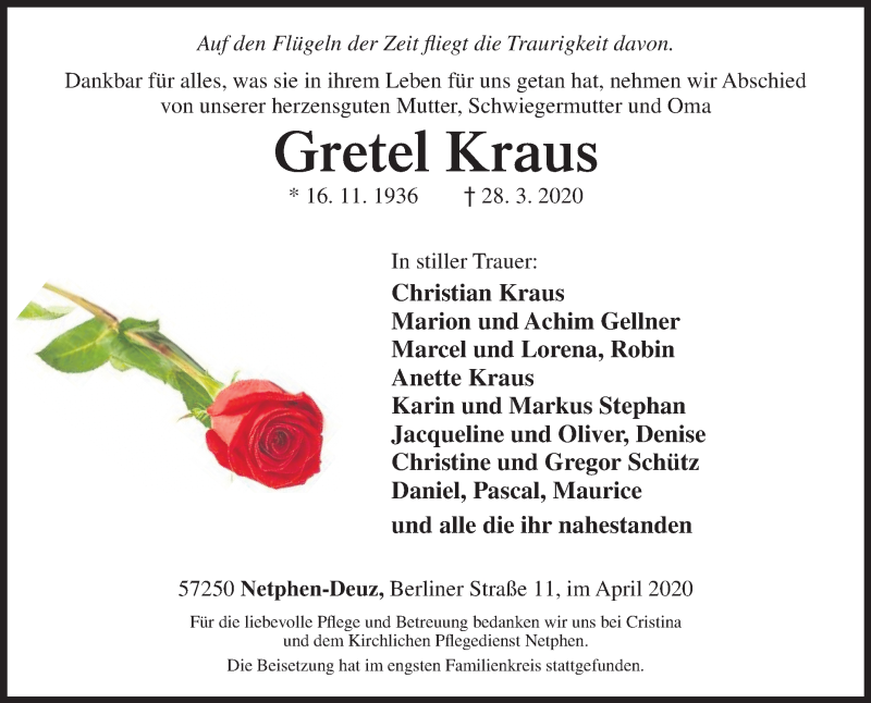  Traueranzeige für Gretel Kraus vom 11.04.2020 aus Siegener Zeitung