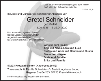 Traueranzeige von Gretel Schneider von Siegener Zeitung