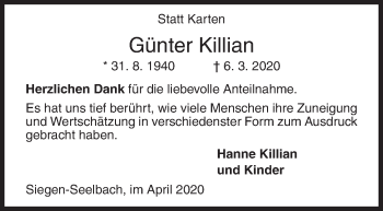 Traueranzeige von Günter Killian von Siegener Zeitung