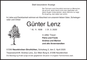 Traueranzeige von Günter Lenz von Siegener Zeitung