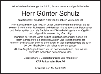 Traueranzeige von Günter Schulz von Siegener Zeitung