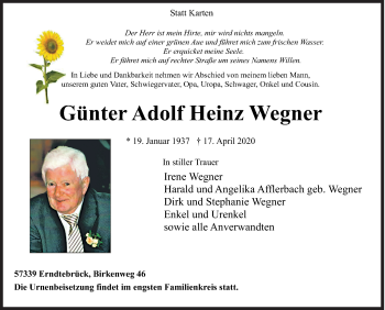 Traueranzeige von Günter Adolf Heinz Wegner von Siegener Zeitung