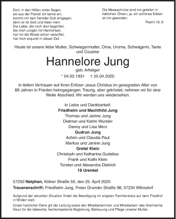 Traueranzeige von Hannelore Jung von Siegener Zeitung