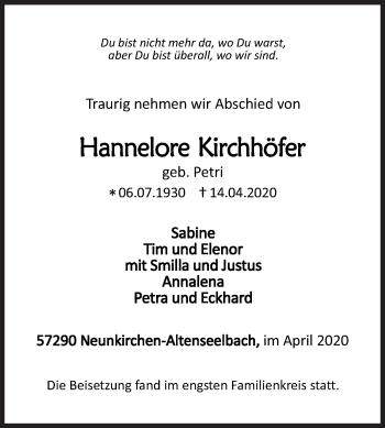Traueranzeige von Hannelore Kirchhöfer von Siegener Zeitung