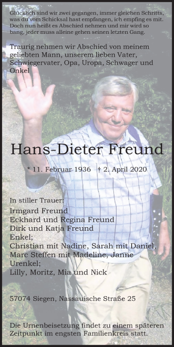 Traueranzeige von Hans-Dieter Freund von Siegener Zeitung