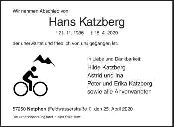 Traueranzeige von Hans Katzberg von Siegener Zeitung