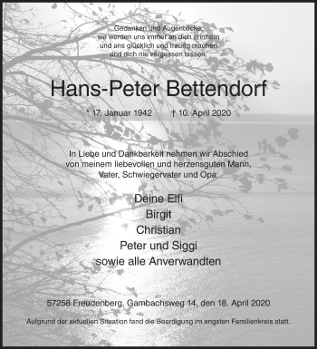 Traueranzeige von Hans-Peter Bettendorf von Siegener Zeitung