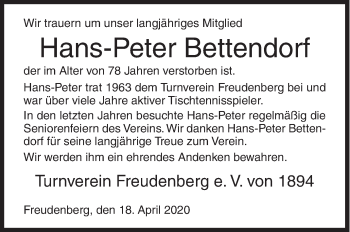 Traueranzeige von Hans-Peter Bettendorf von Siegener Zeitung
