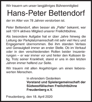Traueranzeige von Hans-Peter Bettendorf von Siegener Zeitung