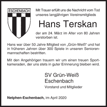 Traueranzeige von Hans Terskan von Siegener Zeitung