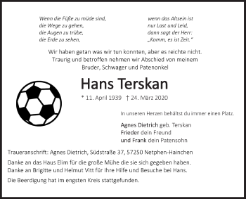 Traueranzeige von Hans Terskan von Siegener Zeitung