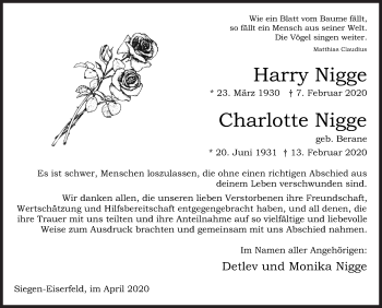 Traueranzeige von Harry und Charlotte Nigge von Siegener Zeitung