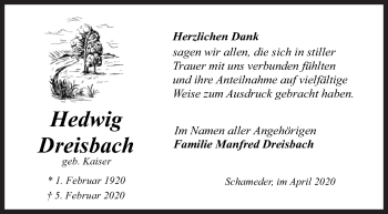 Traueranzeige von Hedwig Dreisbach von Siegener Zeitung