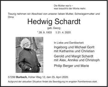 Traueranzeige von Hedwig Schardt von Siegener Zeitung