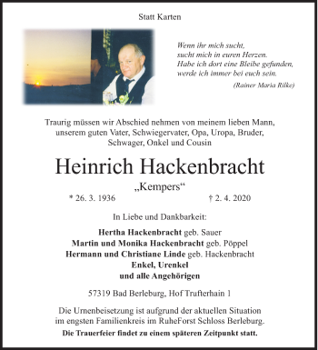 Traueranzeige von Heinrich Hackenbracht von Siegener Zeitung