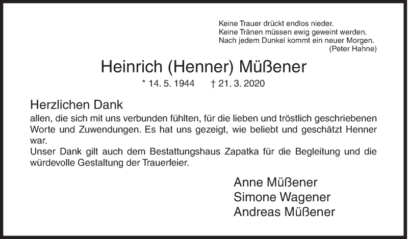  Traueranzeige für Heinrich Müßener vom 28.04.2020 aus Siegener Zeitung