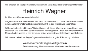Traueranzeige von Heinrich Wagner von Siegener Zeitung