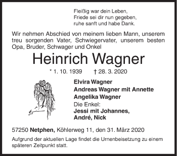 Traueranzeige von Heinrich Wagner von Siegener Zeitung