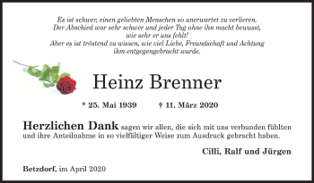 Traueranzeige von Heinz Brenner von Siegener Zeitung