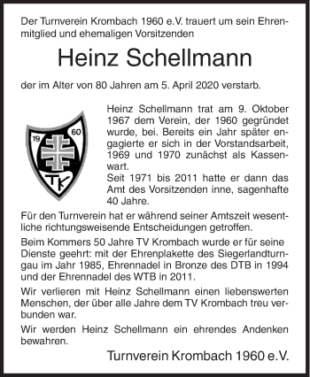 Traueranzeige von Heinz Schellmann von Siegener Zeitung