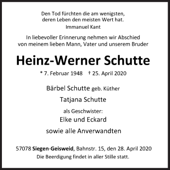 Traueranzeige von Heinz-Werner Schutte von Siegener Zeitung
