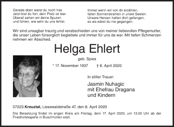 Traueranzeige von Helga Ehlert von Siegener Zeitung