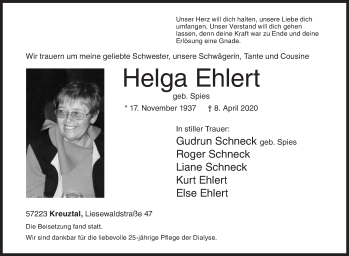 Traueranzeige von Helga Ehlert von Siegener Zeitung