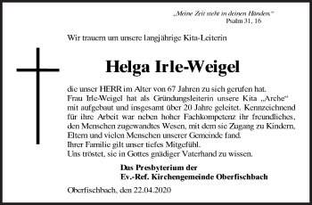 Traueranzeige von Helga Irle-Weigel von Siegener Zeitung