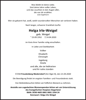 Traueranzeige von Helga Irle-Weigel von Siegener Zeitung
