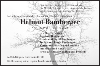 Traueranzeige von Helmut Bamberger von Siegener Zeitung