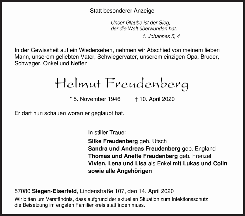  Traueranzeige für Helmut Freudenberg vom 14.04.2020 aus Siegener Zeitung