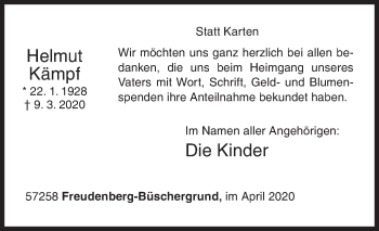 Traueranzeige von Helmut Kämpf von Siegener Zeitung