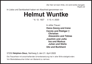Traueranzeige von Helmut Wuntke von Siegener Zeitung