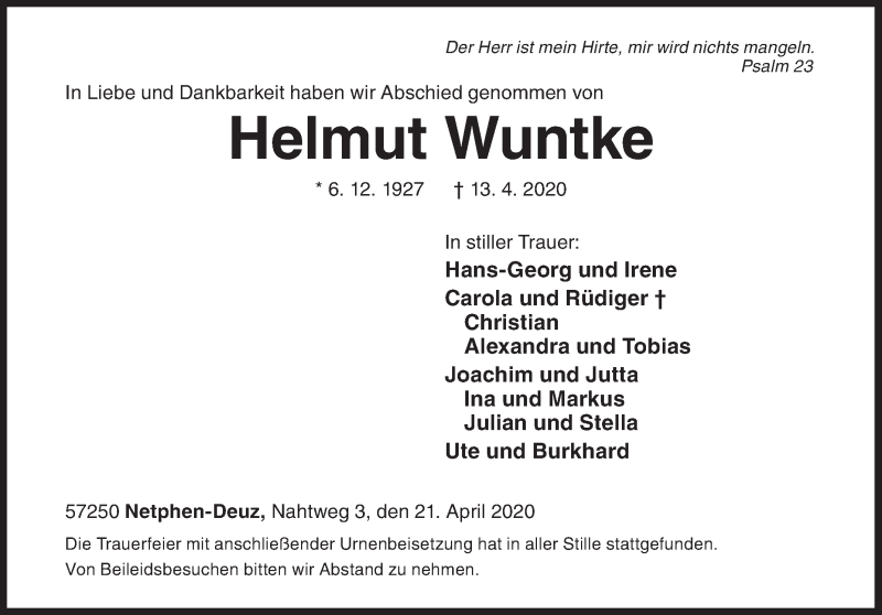  Traueranzeige für Helmut Wuntke vom 21.04.2020 aus Siegener Zeitung