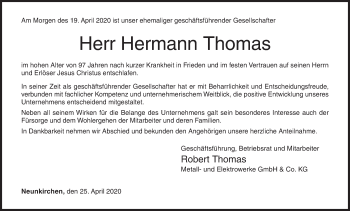 Traueranzeige von Hermann Thomas von Siegener Zeitung