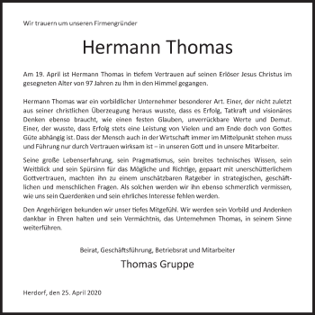 Traueranzeige von Hermann Thomas von Siegener Zeitung