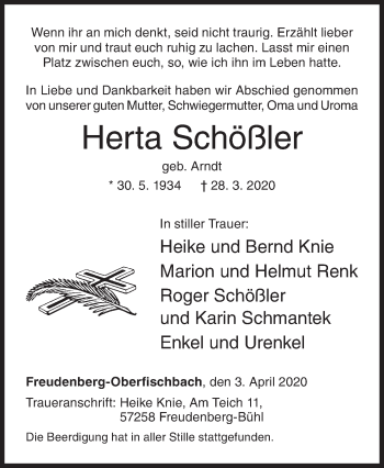 Traueranzeige von Herta Schößler von Siegener Zeitung